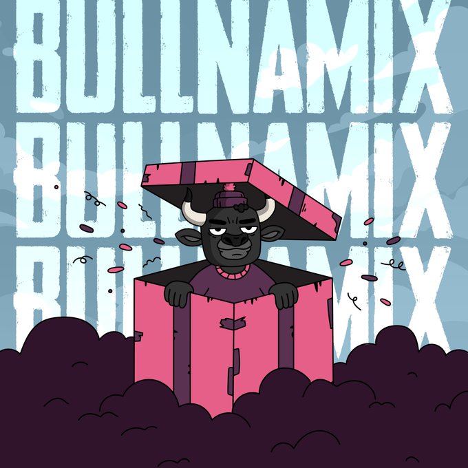 Cartoon illustration of a bull character emerging from a pink jack-in-the-box with 'BULLNAMIX' text repeated in the background.