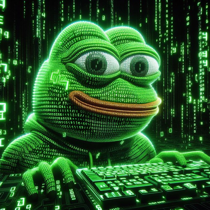 A digital artwork of a green Pepe-style frog character made of binary code and digital numbers, with glowing eyes and an orange smile, appearing to type on a keyboard against a background of cascading green Matrix-style code.