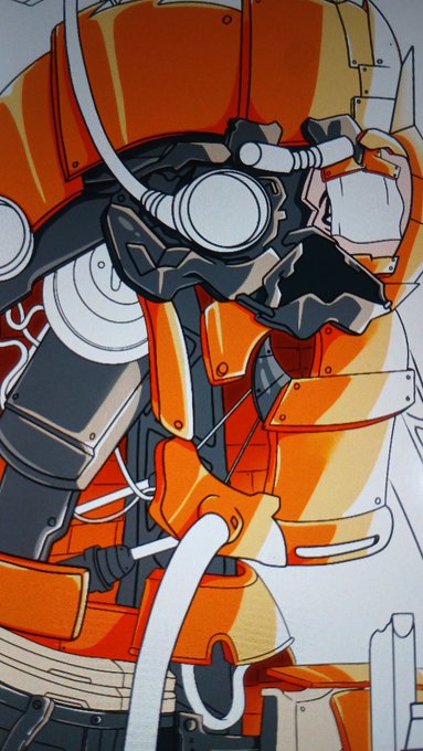 A close-up illustration of a futuristic, mechanical helmet or robot head featuring orange panels, complex mechanical joints, and wires.