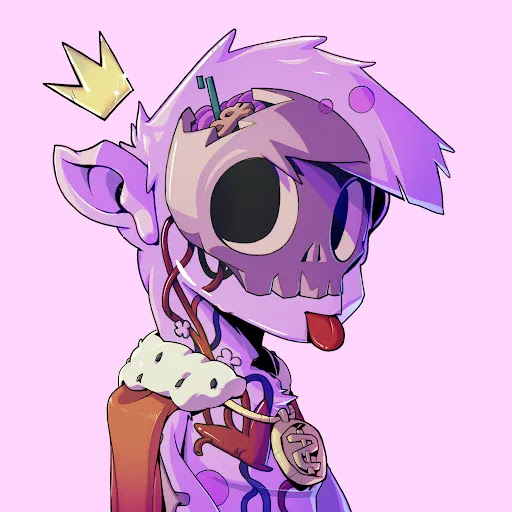 A purple, skull-faced character with a yellow crown and tongue out, identified as a "toxic king" from @GoatsOfSolana, features a toothbrush and food in its head cavity and a medallion on its chest.