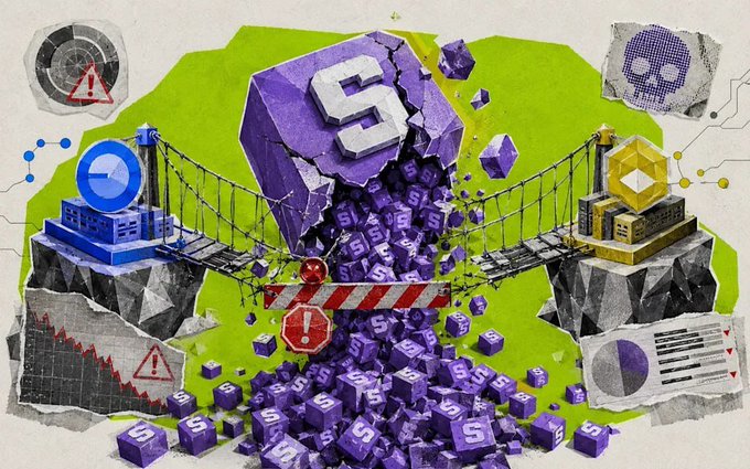A conceptual digital illustration showing a broken purple 'S' block collapsing onto a bridge between ETH and BTC crypto platforms, with falling purple cubes and warning signs symbolizing a cryptocurrency collapse.