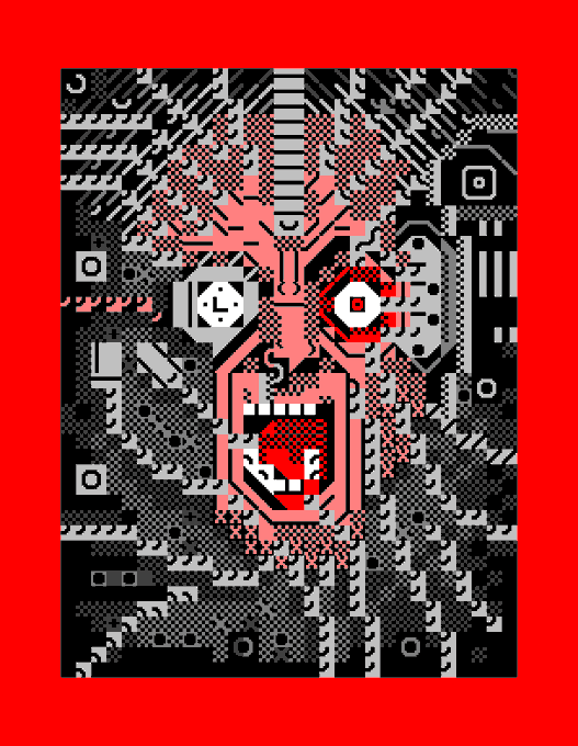 A pixel art image on a red background featuring a distorted, screaming face in red and grayscale with geometric patterns and abstract shapes.