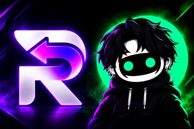 A neon graphic shows a hooded black-and-white character with glowing green eyes beside a large purple-and-white stylized R logo.