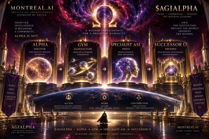 An elaborate, AI-generated promotional graphic for 'MONTREAL.AI' and 'SAGIALPHA' depicting a cosmic temple scene with stages labeled ALPHA, GYM, SPECIALIST ASI, and SUCCESSOR Ω.