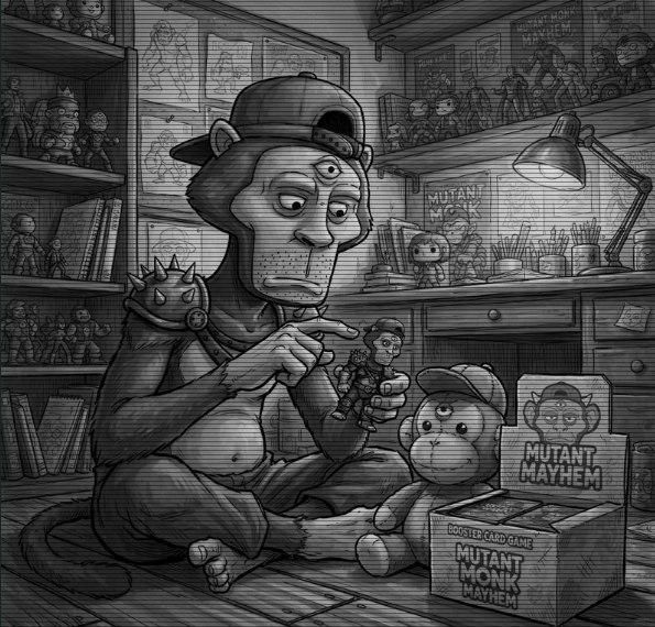 A monkey-like figure wearing a backwards cap and spiked collar sits in a cluttered room surrounded by shelves of "Mutant Monk Mayhem" action figures, doodles, and game boxes, holding a small figure while pointing at it. The image aligns with the post's narrative of a unique, meme-inspired utility model, with the "Mutant Monk Mayhem" branding tying the playful, chaotic aesthetic to the project's blueprint for sharing revenue among its 1111 Genesis holders.