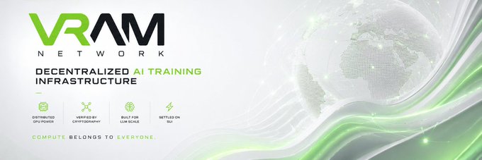 The image features a banner for a company named @vram_network, which specializes in creating decentralized AI networks. The banner has a green background with white text that reads "Decentralized AI Training" and "Respect the pivot honestly". It also includes an illustration of a globe surrounded by stars to represent the interconnectedness of data centers and the importance of verifying their ownership for transparency and trust.