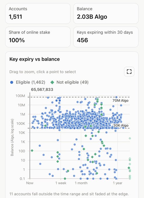 A dashboard shows 1,511 accounts with 2.03B Algo balance and a scatter plot titled 'Key expiry vs balance' displaying 1,462 eligible (blue) and 49 not eligible (green) data points on an Algo log scale.