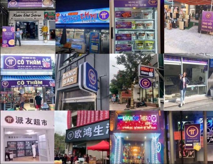 A collage of storefronts and signage showing Pi Network (派) branding at various Vietnamese businesses, including 'Cỏ Thơm' market, 'Bang Bar', and 'Karaoke Hero'.