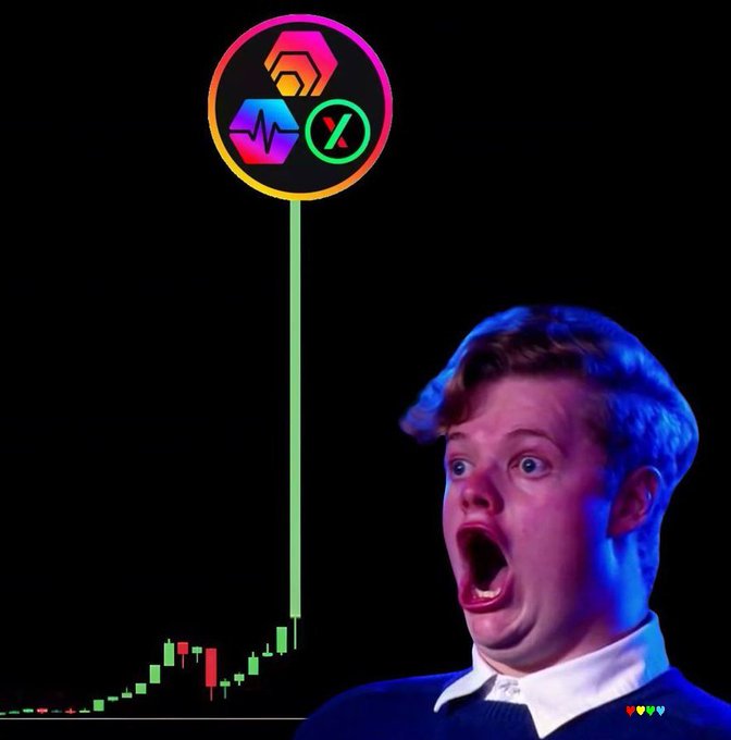 A shocked-looking young boy in front of a crypto price chart shooting upward, topped with three hexagonal crypto/finance icons.