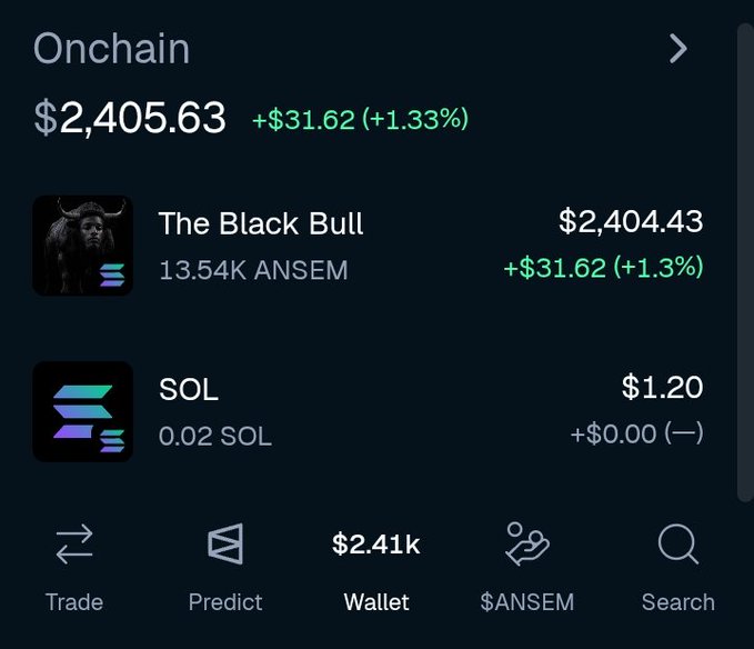 A crypto wallet app screenshot showing an "Onchain" portfolio worth $2,405.63 (+$31.62, +1.33%), holding 13.54K ANSEM tokens via "The Black Bull" valued at $2,404.43 and 0.02 SOL valued at $1.20, with the post highlighting BullpenFi's staking feature for $ANSEM.