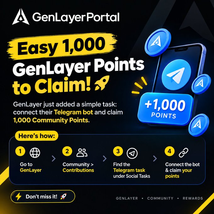 A GenLayerPortal promotional graphic advertising 'Easy 1,000 GenLayer Points to Claim!' by connecting their Telegram bot, with step-by-step instructions and a +1,000 POINTS badge.