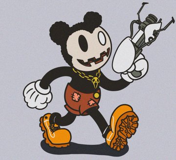 A cartoon bear-like character with jagged teeth, a gold chain, red shorts, and oversized tan boots holds a mechanical device, capturing the edgy, street-art aesthetic referenced in a timeline of "badbad" NFT milestones. The illustration complements the post's celebration of multiple art pieces and upcoming world projects by GoatCloak.