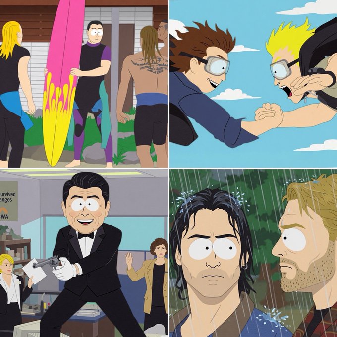 A four-panel South Park scene showing characters with a surfboard, skydiving, a man in a tuxedo with a gun, and two men in the rain.