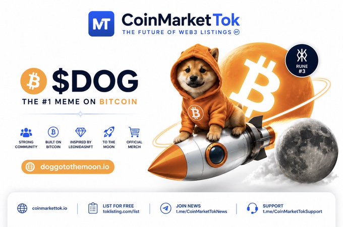 A CoinMarketTok promotional graphic for $DOG meme coin features a Shiba Inu dog in an orange Bitcoin hoodie riding a rocket toward the moon, with text reading 'THE #1 MEME ON BITCOIN' and 'doggotothemoon.io'.