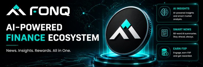 A promotional graphic for FINQ, highlighting its "AI-Powered Finance Ecosystem" tagline alongside the branding "News. Insights. Rewards. All in One." The image showcases three feature pillars: "AI Insights" for smart market analysis, "Smart News" with 60-word summaries, and "Earn FXP" for engagement rewards—reflecting the free, multi-source AI finance platform @fintoq_ai being promoted in the post.