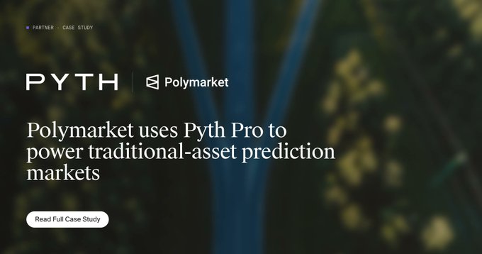 The image is a promotional banner for a case study titled "Polymarket uses Pyth Pro to power traditional-asset prediction markets," featuring the PYTH and Polymarket logos along with a "Read Full Case Study" button. It visually introduces the partnership highlighted in the accompanying post about how Pyth Pro helps Polymarket provide reliable price data for its prediction markets.