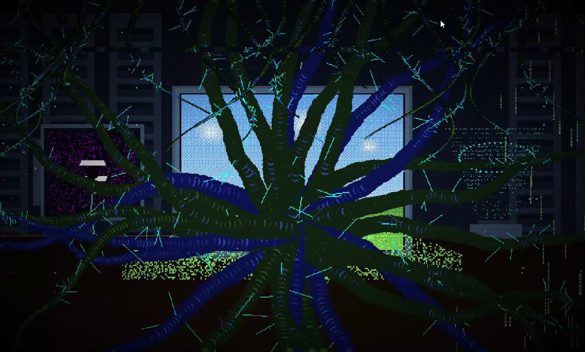 The image features a large tree with many branches, which appears to be growing out of an old window. The tree has a blue sky background, giving it a unique appearance. There are also some text elements present in the image that read "NATUR.EXE_#52 AUCTION - BID 4.44XTZ 4 DAYS objkt.com/tokens/KT1LMZg". This suggests that there might be an auction or sale taking place, possibly related to the tree depicted in the image.
