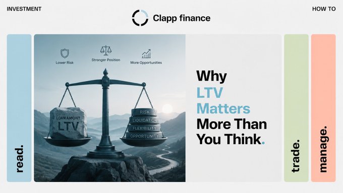 A Clapp Finance website banner titled 'Why LTV Matters More Than You Think' featuring a balanced scale graphic weighing 'LOAN AMOUNT LTV' against 'RISK, LIQUIDATION, FLEXIBILITY, OPPORTUNITY'.