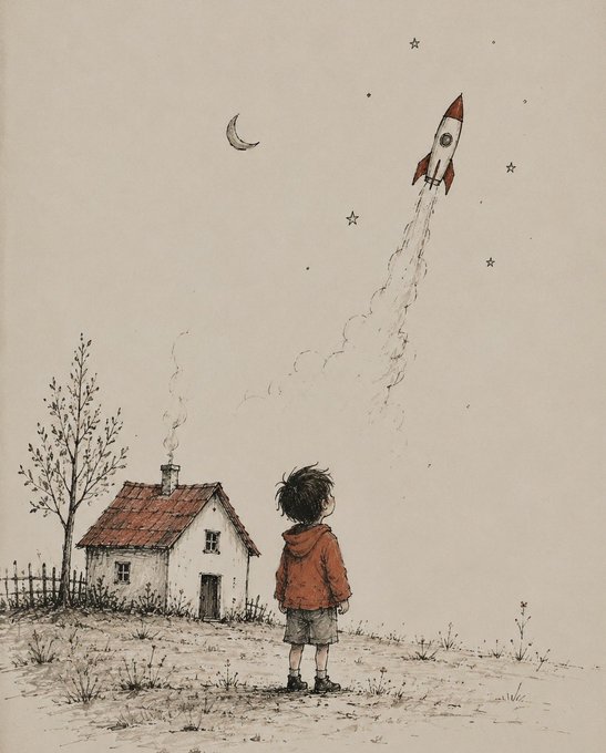An illustration depicts a small child in an orange hoodie standing in front of a house, watching a rocket launch into a starry sky with a crescent moon.
