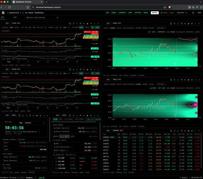 A complex cryptocurrency trading dashboard called 'BackQuant Terminal' displaying multiple BTC charts, options positioning, open interest data ($105.08K), and a summary table for BTC and ETH spot perpetual contracts with various strike prices.
