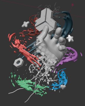 An abstract 3D digital render featuring a hand reaching toward a geometric cube, surrounded by colorful, liquid-like splatters in red, green, blue, and purple. The image serves as a farewell tribute to the "UP" community, reflecting the creative collaboration and dynamism mentioned in the post.