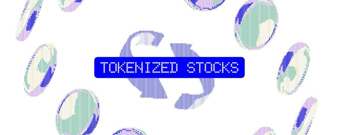 A graphic displays the text 'TOKENIZED STOCKS' in a pixelated font on a blue banner, set against a white background with stylized dollar sign icons and a large blue dollar symbol.