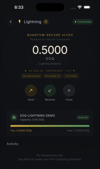The image shows a smartphone screen displaying information about a lightning demonstration account, including its name, balance, and activity status. The phone's screen also displays a chatbot message that reads "Getting Ready!!! Join us Tg: t.me/officialsoquco ... Discord: discord.com/invite/AZbTjBn... Website: soqu.org @soqucoin L..."