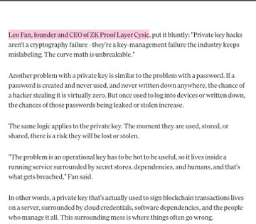 A quote by Leo Fan, founder and CEO of ZK Proof Layer Cysic, arguing that "Private key hacks aren't a cryptography failure—they're a key-management failure the industry keeps mislabeling." The post highlights that Leo's point about crypto's biggest security issue being key management, not cryptography itself, reflects the same view as his recent statement.