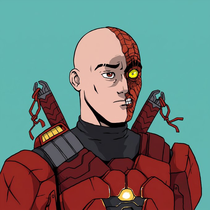 An illustrated portrait of a bald, comic-book style antihero with one normal brown eye and one yellow eye, half his face covered in red, web-patterned tissue, wearing red armor with two katanas strapped to his back.