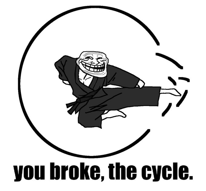 The image features a cartoon illustration of a person wearing a karate uniform, kicking a kickstand up into the air with their legs spread wide apart. The caption below the image reads "You broke, the cycle. Bitcoin of memes." This humorous statement is related to the meme that features a man in a karate uniform and the phrase "you broke, the cycle." It seems like the meme is referencing the idea that Bitcoin has been created by someone who claimed to have broken the cycle of traditional currency systems.
