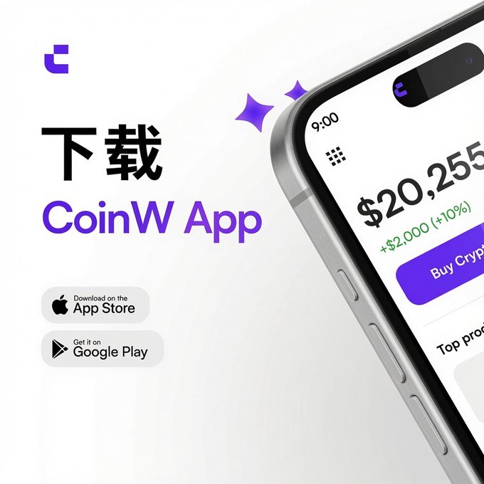 CoinW App advertisement encouraging users to download the app, featuring a smartphone displaying a $20,255 balance with a +10% gain, along with App Store and Google Play download badges.