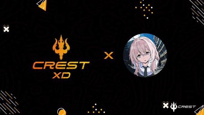 The image features a collaboration announcement between Crest xD and an anime-styled NFT character with pink hair, showcasing both logos alongside decorative geometric elements on a dark background. It visually represents the partnership mentioned in the post welcoming momoyumemi to Crest xD, with the character's portrait symbolizing the soft, nostalgic NFT collection being introduced.