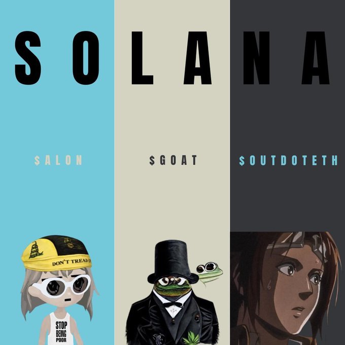 A tri-panel image displays the word "SOLANA" in large letters across the top, with each panel below featuring a meme character and corresponding ticker ($ALON, $SGOAT, $SOUTDOTETH), promoting the three Solana-based tokens mentioned in the post as "the big three."