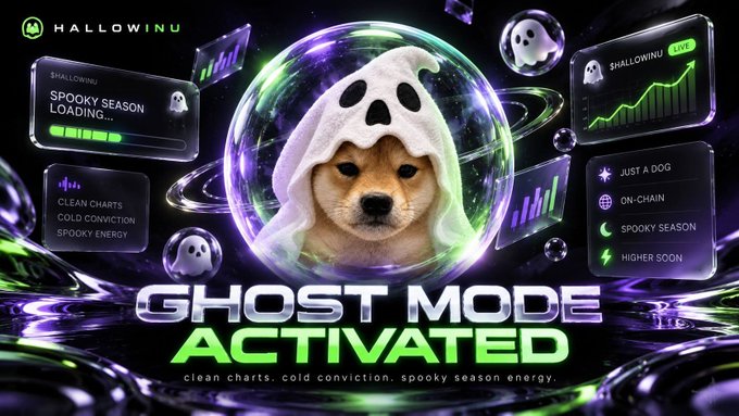 A vibrant Halloween-themed graphic featuring a Shiba Inu dog wearing a ghost costume inside a bubble, with the "HALLOWINU" logo and text "GHOST MODE ACTIVATED" along with "clean charts. cold conviction. spooky season energy."