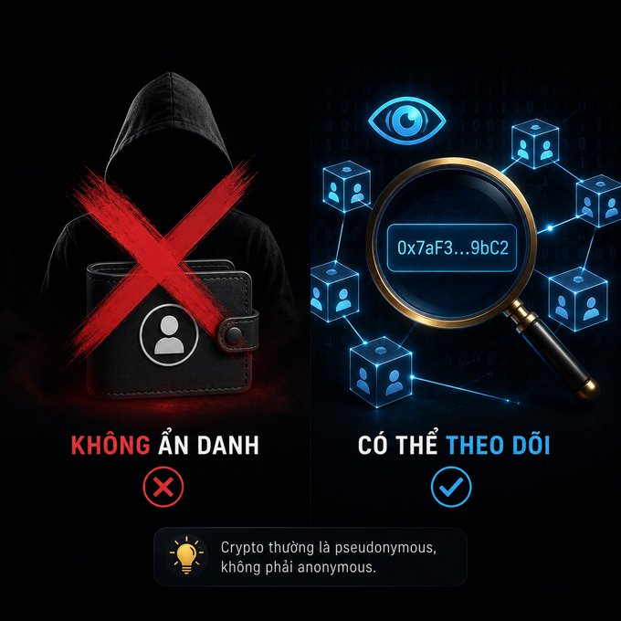 The image contrasts two concepts: "KHÔNG ẨN DANH" (Not Anonymous) shown with a hooded figure and wallet crossed out in red, and "CÓ THỂ THEO DÕI" (Trackable) depicted with a magnifying glass examining a wallet address ("0x7aF3...9bC2") connected to a network of user icons. A caption at the bottom clarifies: "Crypto thường là pseudonymous, không phải anonymous" (Crypto is usually pseudonymous, not anonymous), reinforcing the post's message that while blockchain users may appear anonymous, their transactions are permanently traceable on the public ledger.