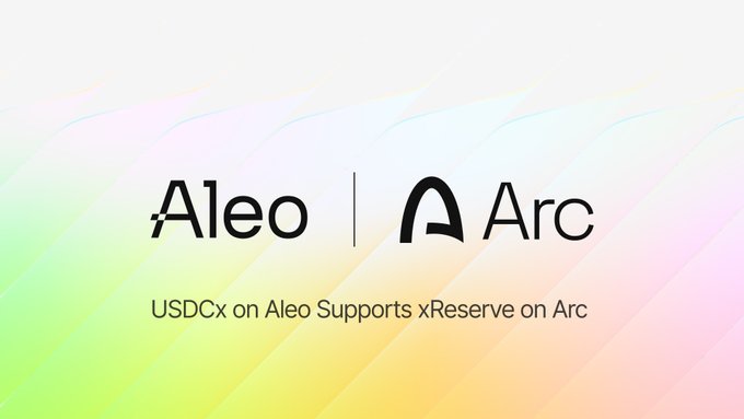 A promotional image showing 'Aleo | Arc' logos with the text 'USDCx on Aleo Supports xReserve on Arc' on a colorful gradient background.