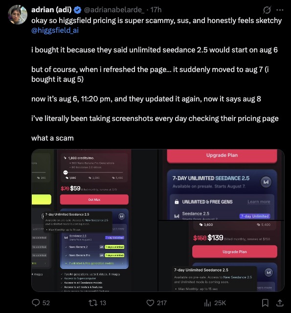The image is a tweet from user adrian (@adrianabelarde) complaining about @higgsfield_ai's misleading pricing, stating that the "7-Day Unlimited Seedance 2.5" launch date was promised for August 6 but kept getting pushed back to August 7 and then August 8, calling it a "scam." Screenshots show the promotion's keep moving target start date, contrasting with the company's own promotional post claiming the feature is available with early access for the first 100 creators to like and retweet.