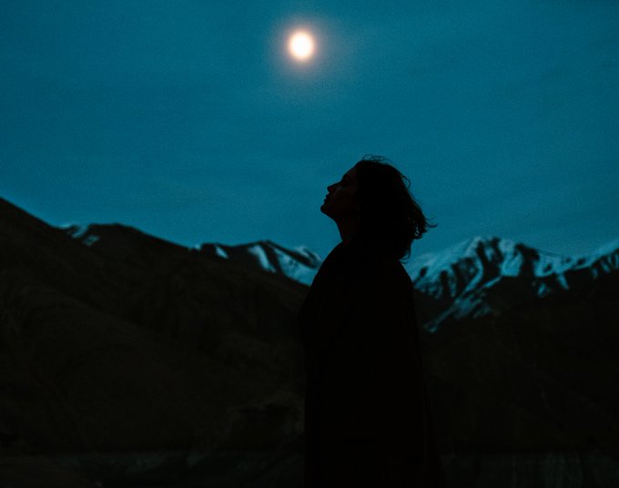 A silhouette of a person stands against a twilight sky with a bright moon, set against a backdrop of snow-capped mountains.