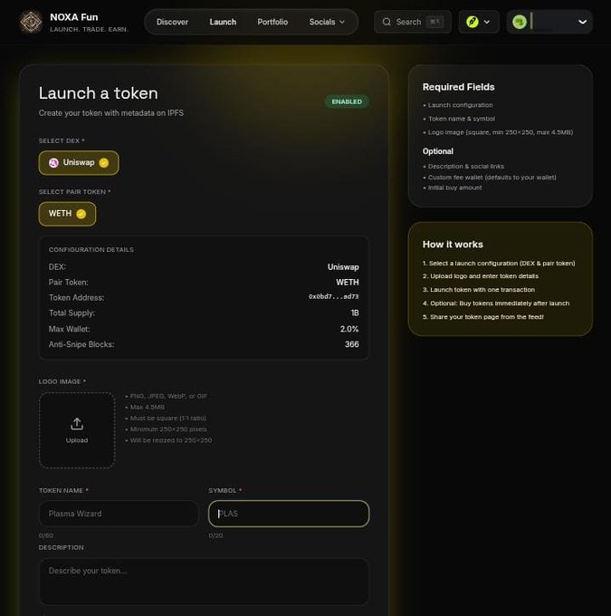 The image shows a NOXA Fun token launch interface configured to create a meme token called "Plasma Wizard" (symbol: PLAS) on Uniswap paired with WETH, featuring settings like a 1B total supply and 2.0% max wallet. It humorously illustrates the post's bold "1000x/10,000x guaranteed" promise by showing the literal first step of launching a meme coin—no trading chart needed, just click "Launch."