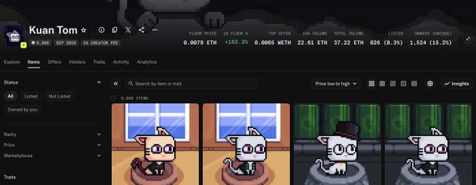 A screenshot of the Kuan Tom NFT collection page shows a floor price of 0.0079 ETH with only 10 items listed out of a total supply of 9,999, supporting the post's concern about the high supply potentially limiting value despite the cute cat artwork displayed.