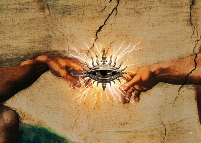 An AI-style recreation of Michelangelo's 'Creation of Adam' painting, with an ornate glowing eye symbol and lightning bolts replacing the space between the two hands.