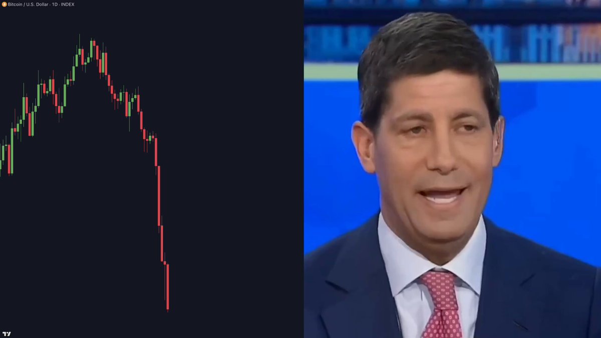The image features two photos - one of a man wearing a suit with a red necktie and holding a microphone, possibly reporting or discussing the bitcoin market trends; and another photo of a graph with red lines indicating a decline in bitcoin prices against a blue background. The text in the image suggests that Bitcoin might be facing challenges due to its volatile price fluctuations, which could negatively impact its value and liquidity within the marketplace.