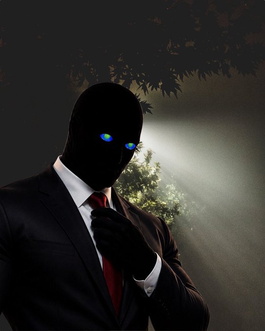 A dark, moody digital illustration of a silhouetted figure in a business suit with a red tie, glowing green eyes, and black gloves adjusting its collar under a spotlight with foliage in the background.