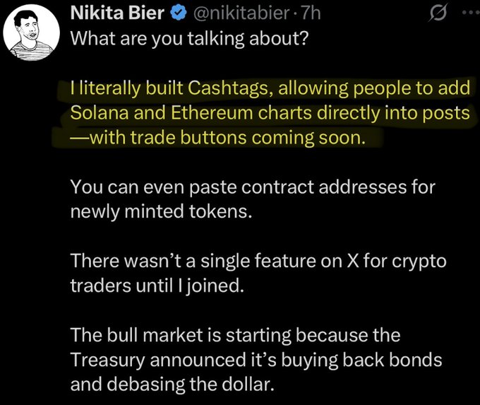 A tweet by Nikita Bier (@nikitabier) claiming he built Cashtags for adding Solana and Ethereum charts to posts, and stating 'There wasn't a single feature on X for crypto traders until I joined.'