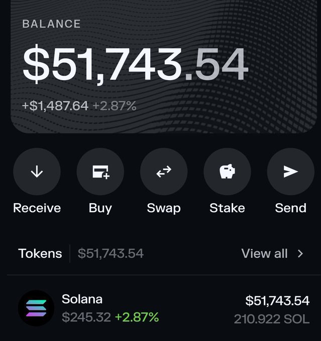 A cryptocurrency wallet app screenshot displaying a balance of $51,743.54 in Solana (SOL), up +2.87% (+$1,487.64), with action buttons for Receive, Buy, Swap, Stake, and Send.