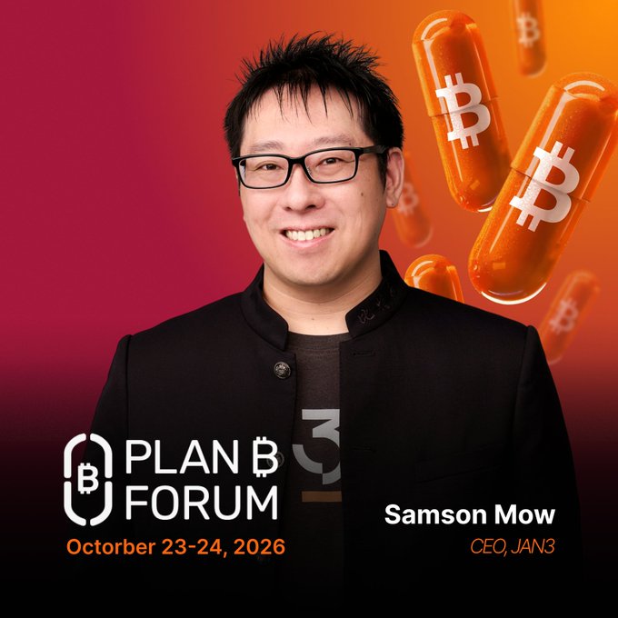 Promotional image for Plan B Forum 2026 (October 23-24, 2026) featuring JAN3 CEO Samson Mow smiling against a red and orange backdrop with Bitcoin capsule graphics. The image ties to the post announcing his return to Switzerland for his keynote "The Battle for the Future" on hyperbitcoinization.
