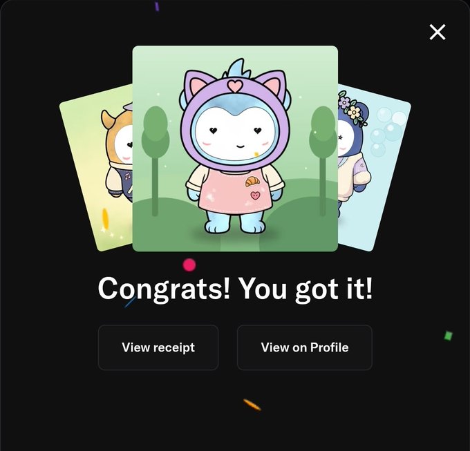 A 'Congrats! You got it!' screen showing three collectible character cards featuring cute cartoon animal characters in different colored hoodies, with buttons to 'View receipt' or 'View on Profile'.