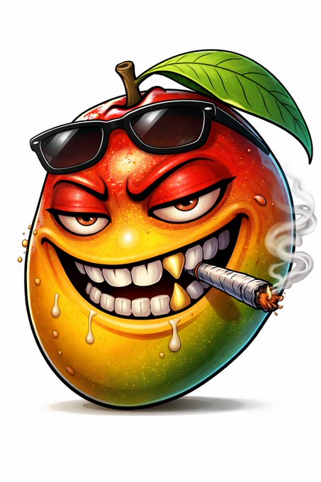 An aggressive cartoon mango with a wide toothy grin, wearing sunglasses and smoking a cigar.
