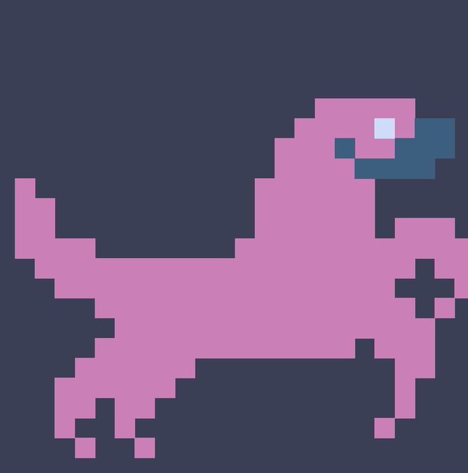 A pixel art illustration of a pink dinosaur-like creature with a blue head and a white eye, set against a solid dark blue-gray background.