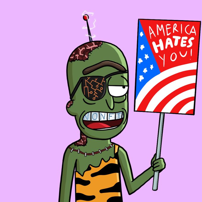A cartoon zombie with an exposed brain, cybernetic eye, and "ONFI" teeth grins while holding an American flag sign reading "AMERICA HATES YOU," matching the playful irreverence of a casual "Gm!" morning post.